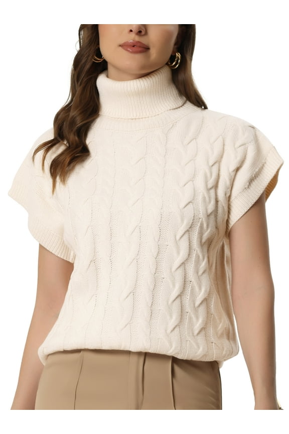 Women's Sweater Solid Color Turtleneck Vest Cap Sleeve Pullover Cable Knit Sweaters S Apricot