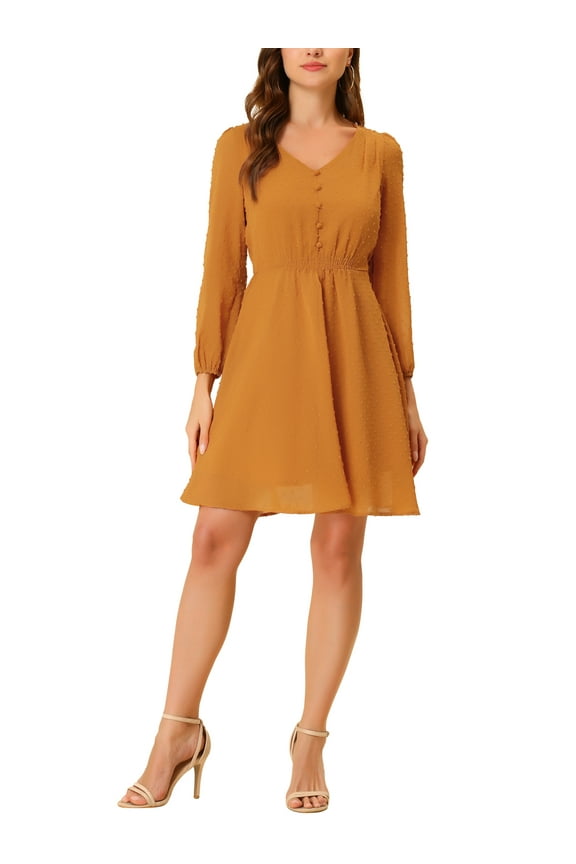 Women's Solid Cute V Neck Half Sleeve Flowy a-Line Chiffon Dress XS Orange