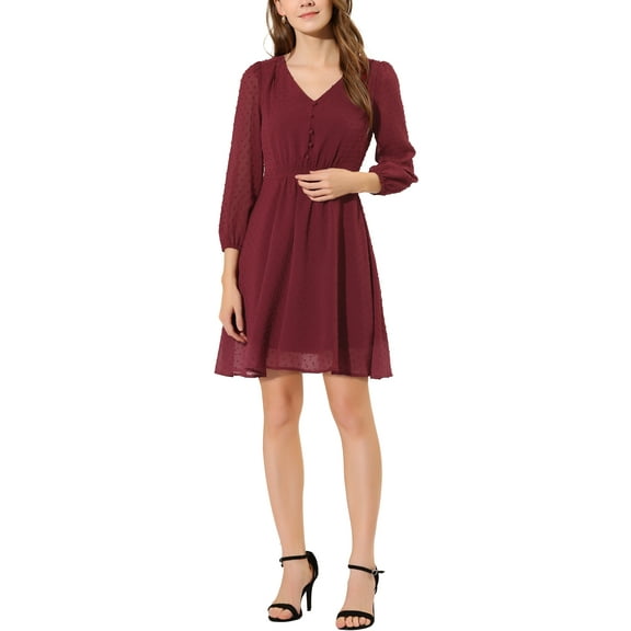 INSPIRE CHIC Women's Solid Cute V Neck Half Sleeve Flowy a-Line Chiffon Dress S Fuchsia