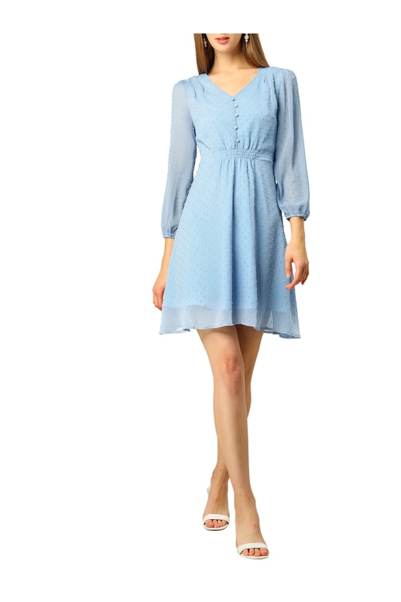 Women's Solid Cute V Neck Half Sleeve Flowy a-Line Chiffon Dress XL Blue