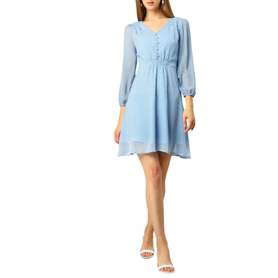 INSPIRE CHIC Women's Solid Cute V Neck Half Sleeve Flowy a-Line Chiffon Dress M Blue