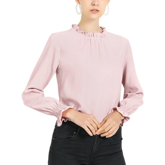 INSPIRE CHIC Women's Solid Elegant Casual Ruffle Neck Long Sleeve Blouse Top XS Pink