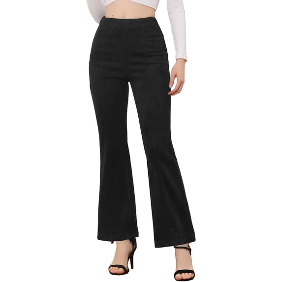 INSPIRE CHIC Women's Pants Solid Flared Hidden Side Zipper Knitted Faux Suede Flared Pants L Black