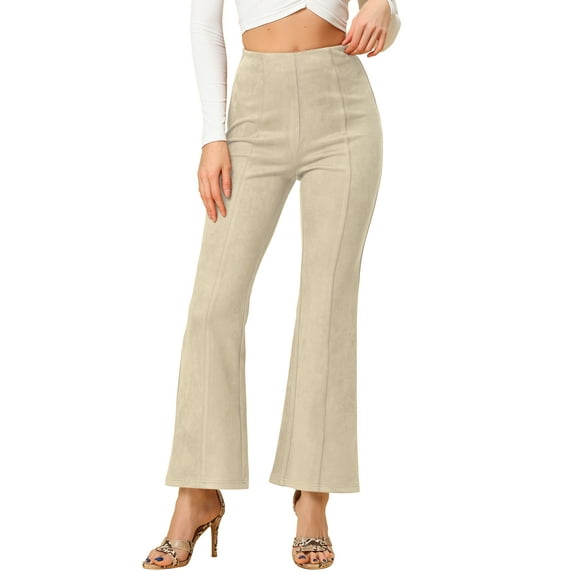 INSPIRE CHIC Women's Pants Solid Flared Hidden Side Zipper Knitted Faux Suede Flared Pants S Beige