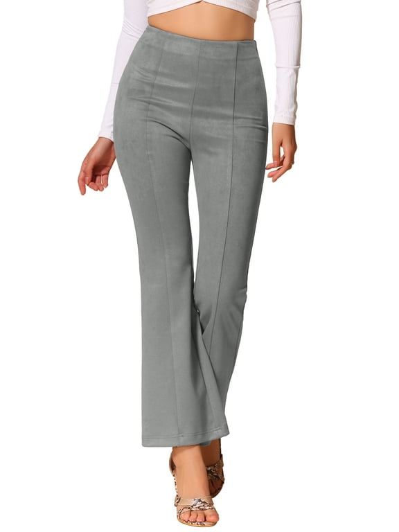 Women's Pants Solid Flared Hidden Side Zipper Knitted Faux Suede Flared Pants XS Grey