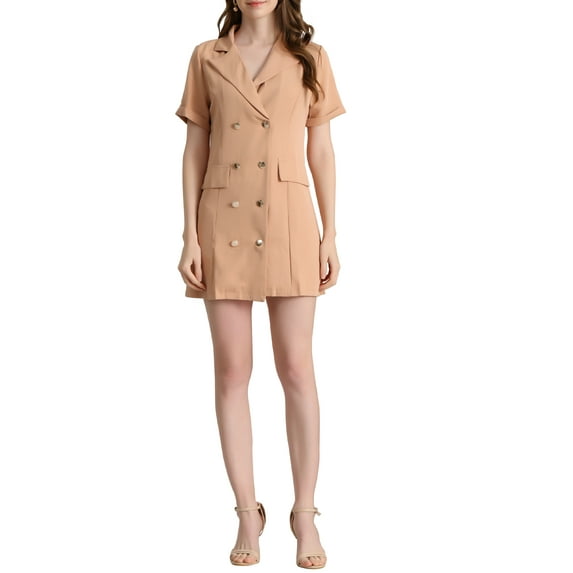 INSPIRE CHIC Women's Solid Lapel Collar Double Breasted Short Sleeve Mini Blazer Dress