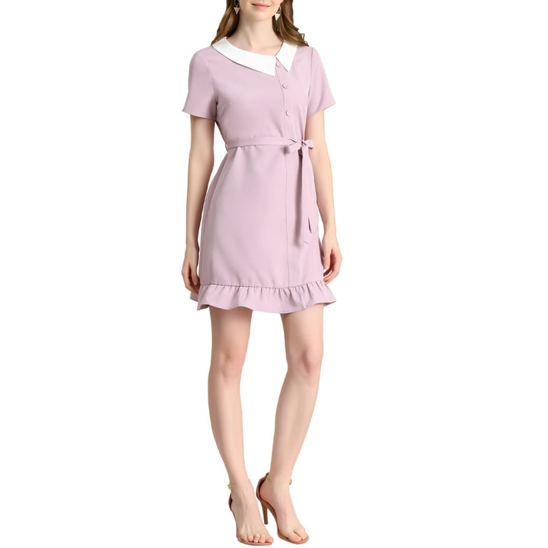 Allegra K Women's Solid Peter Pan Collar Ruffle Hem Belted Short-Sleeve  Mini Dress