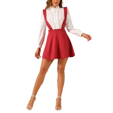 INSPIRE CHIC Women's Solid Ruffle Strap A-Line Flared Suspender Mini Skirt XS Red