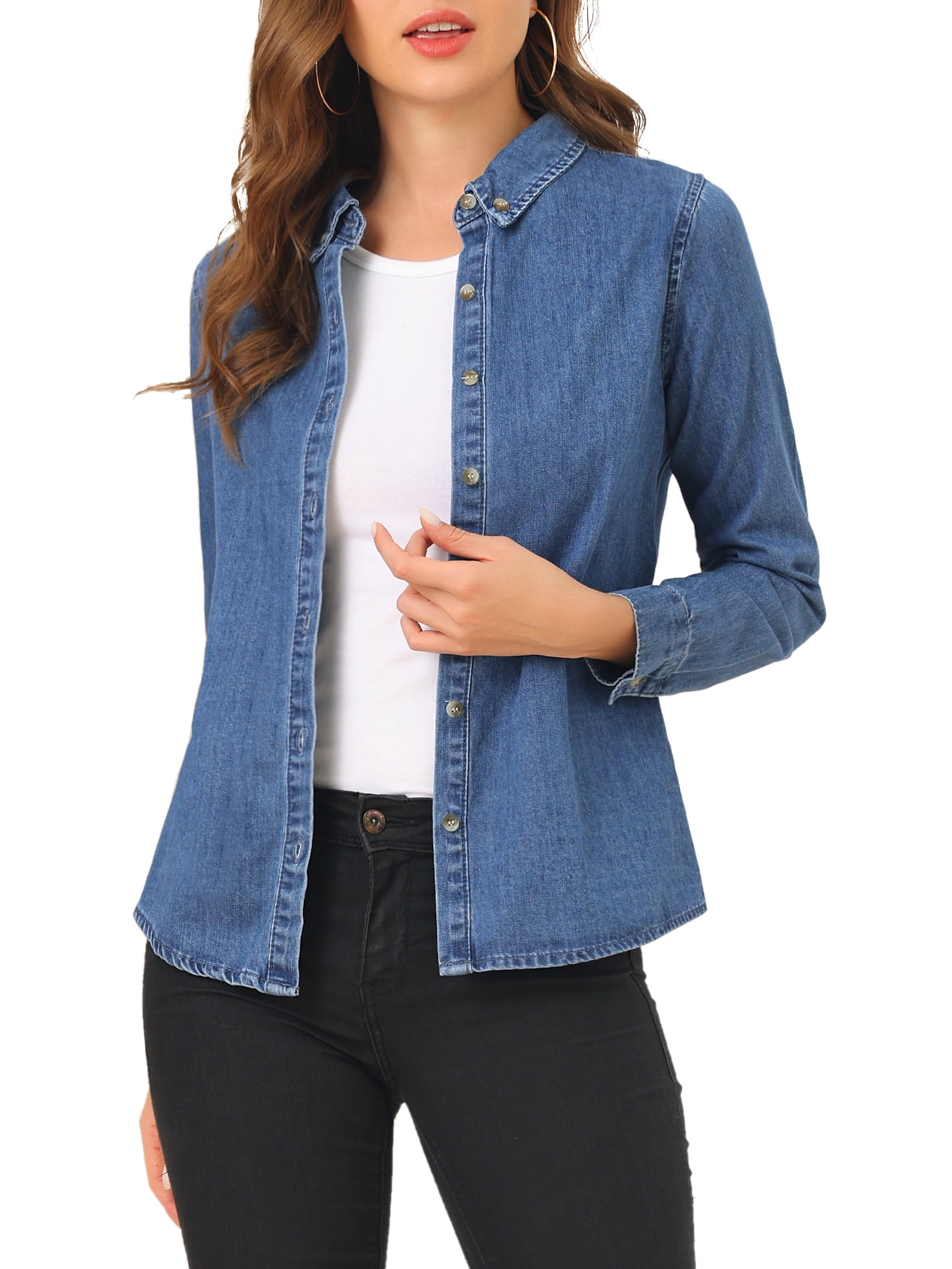 Allegra K Women's Solid Shirts Long Sleeve Button Down Denim Shirt