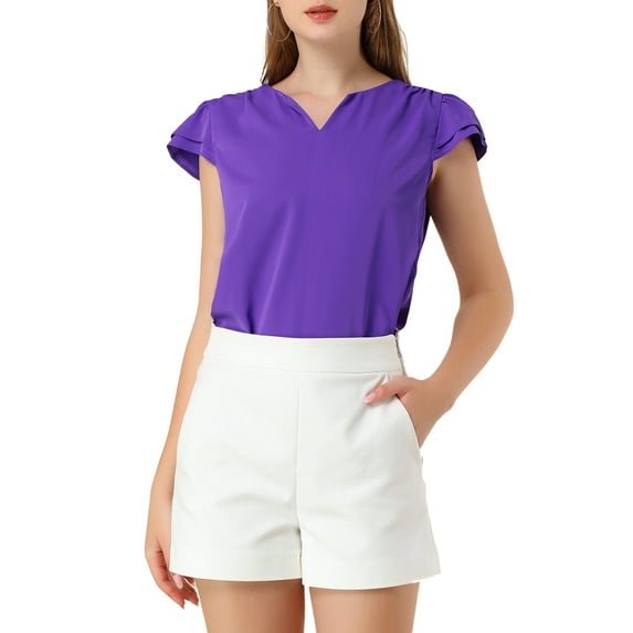 INSPIRE CHIC Women's Solid Blouse V Neck Ruffle Cap Sleeve Lightweight Work Blouse L Purple
