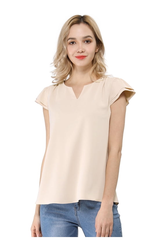 Women's Solid Blouse V Neck Ruffle Cap Sleeve Lightweight Work Blouse M Beige