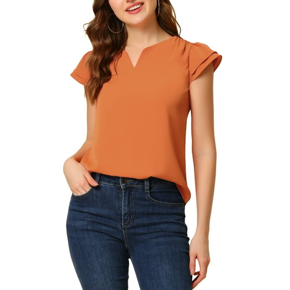INSPIRE CHIC Women's Solid Blouse V Neck Ruffle Cap Sleeve Lightweight Work Blouse S Carrot