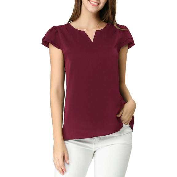INSPIRE CHIC Women's Solid Blouse V Neck Ruffle Cap Sleeve Lightweight Work Blouse XL Burgundy