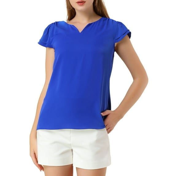 Allegra K Women's Solid V Neck Cap Short Sleeves Work Blouse