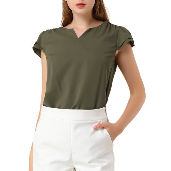 Allegra K Women's Solid V Neck Cap Short Sleeves Work Blouse