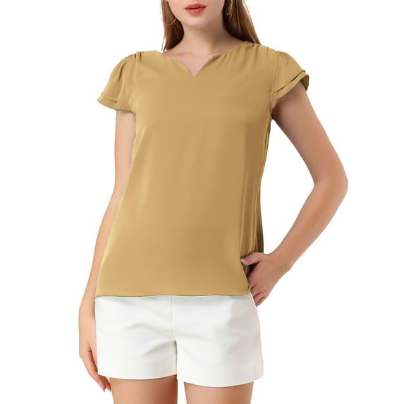 Allegra K Women's Solid V Neck Cap Short Sleeves Work Blouse