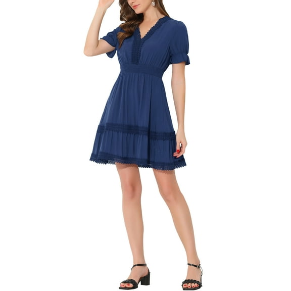 INSPIRE CHIC Women's Sundress V Neck Puff Sleeve Smocked Waist Casual Mini Dress 2XL Dark Blue