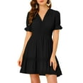 thumbnail image 1 of INSPIRE CHIC Women's Sundress V Neck Puff Sleeve Smocked Waist Casual Mini Dress L Black, 1 of 6
