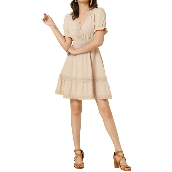 INSPIRE CHIC Women's Sundress V Neck Puff Sleeve Smocked Waist Casual Mini Dress M Beige