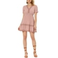 thumbnail image 1 of INSPIRE CHIC Women's Sundress V Neck Puff Sleeve Smocked Waist Casual Mini Dress M Pink, 1 of 6