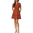 thumbnail image 1 of INSPIRE CHIC Women's Sundress V Neck Puff Sleeve Smocked Waist Casual Mini Dress S Brown, 1 of 6