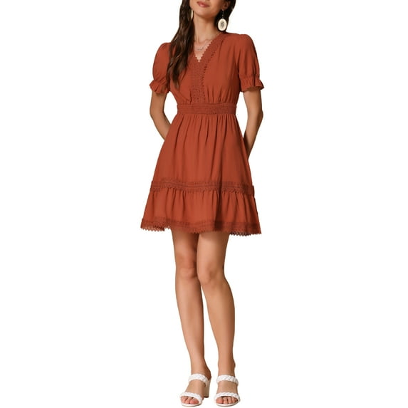 INSPIRE CHIC Women's Sundress V Neck Puff Sleeve Smocked Waist Casual Mini Dress S Brown