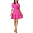 thumbnail image 1 of INSPIRE CHIC Women's Sundress V Neck Puff Sleeve Smocked Waist Casual Mini Dress S Hot Pink, 1 of 6
