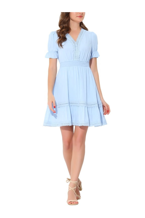 Women's Dress V Neck Puff Sleeve Smocked Elastic Waist Casual Mini Dress Light Blue XL