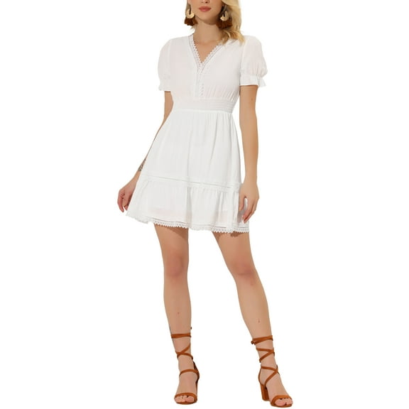 INSPIRE CHIC Women's Sundress V Neck Puff Sleeve Smocked Waist Casual Mini Dress XS White
