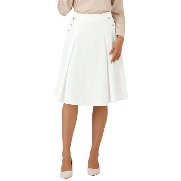 INSPIRE CHIC Women's Solid Vintage High Elastic Waist Button Decor Flared Midi Skirt L White