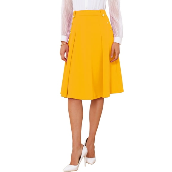 INSPIRE CHIC Women's Solid Vintage High Elastic Waist Button Decor Flared Midi Skirt M Yellow