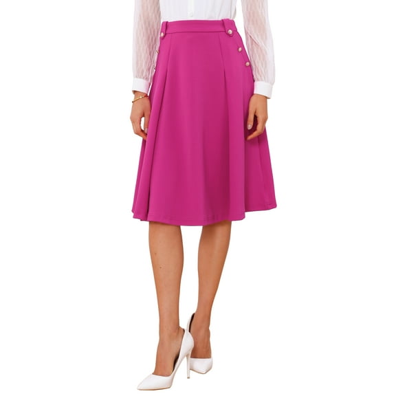 INSPIRE CHIC Women's Solid Vintage High Elastic Waist Button Decor Flared Midi Skirt S Hot Pink