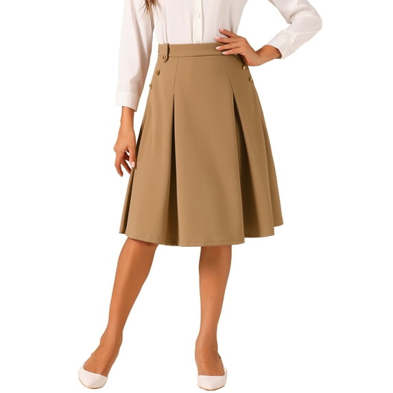 INSPIRE CHIC Women's Solid Vintage High Elastic Waist Button Decor Flared Midi Skirt L Khaki