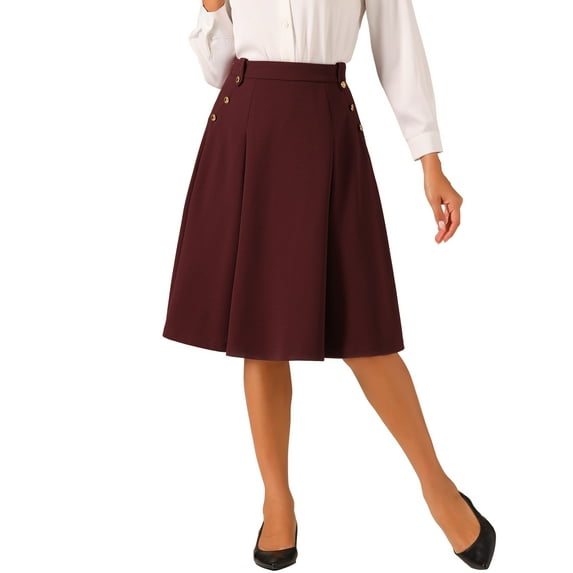 INSPIRE CHIC Women's Solid Vintage High Elastic Waist Button Decor Flared Midi Skirt M Dark Red