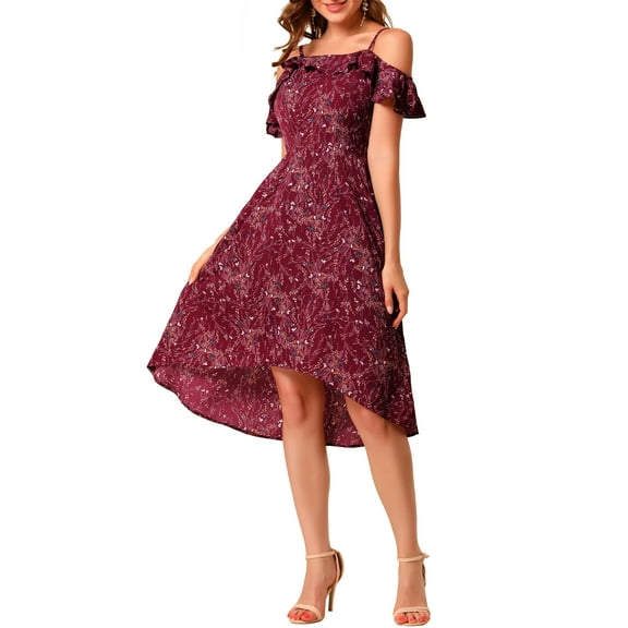 INSPIRE CHIC Women's Spaghatti Straps Ruffled a-Line Midi Floral Dresses XS Wine Red