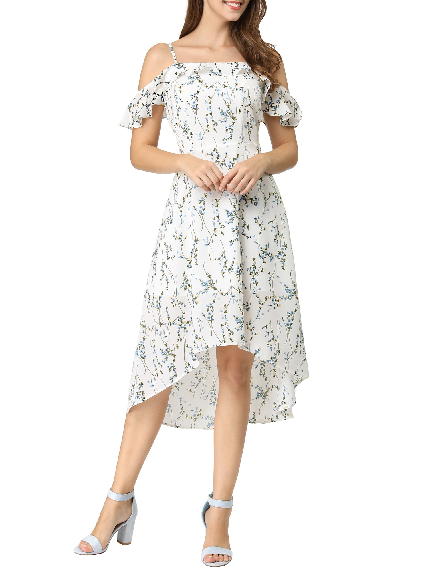 Allegra K Women's Spaghatti Straps Ruffled a-Line Midi Floral Dresses ...