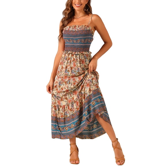 INSPIRE CHIC Women's Boho Floral Sleeveless Smocked Spaghetti Strap Tiered Maxi Dress M Apricot