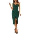 thumbnail image 1 of INSPIRE CHIC Women's Spaghetti Strap Sleeveless V Neck Ruched Faux Wrap Split Hem Bodycon Midi Dress L Dark Green, 1 of 6
