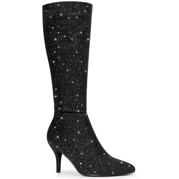 BLISSFUL STEP Women's Sparkle Glitter Stiletto Heel Knee High Boots Black 10