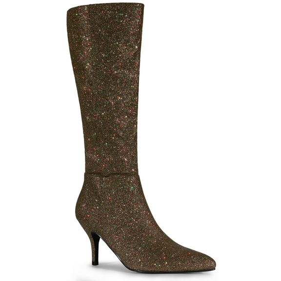 BLISSFUL STEP Women's Sparkle Glitter Stiletto Heel Knee High Boots Dark Brown 9