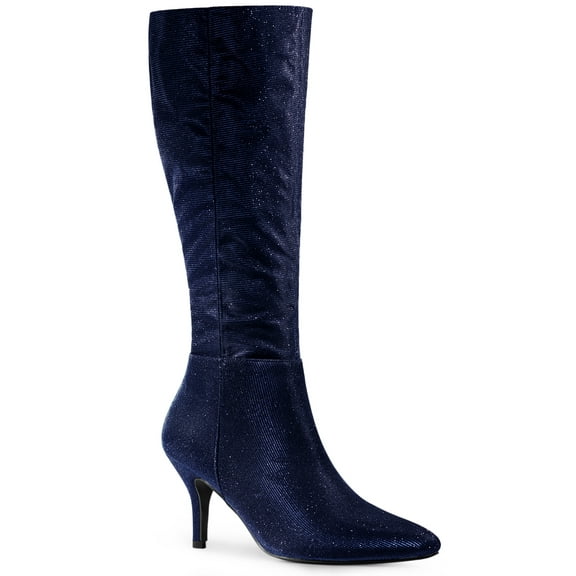 BLISSFUL STEP Valentine's Women's Sparkle Glitter Stiletto Heel Knee High Boots Deep Blue 10