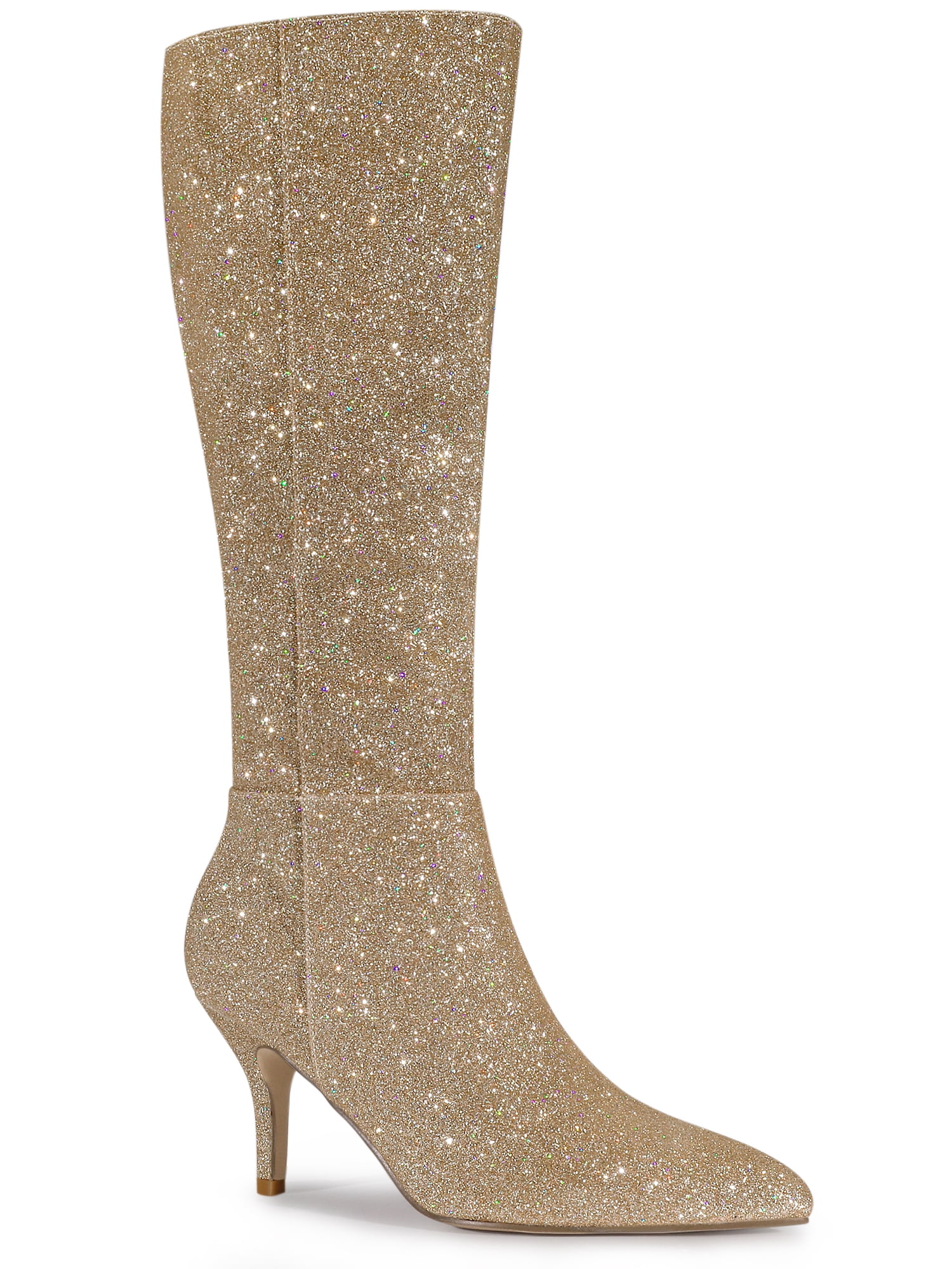 BLISSFUL STEP Women's Sparkle Glitter Stiletto Heel Knee High Boots ...