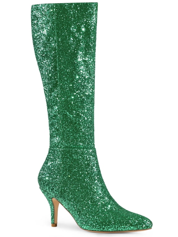 Women's Sparkle Glitter Stiletto Heel Knee High Boots Green 7