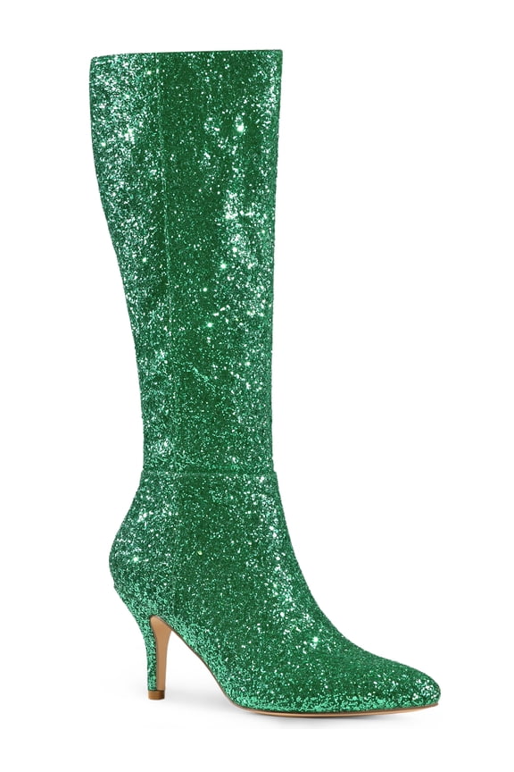 Valentine's Women's Sparkle Glitter Stiletto Heel Knee High Boots Green 7