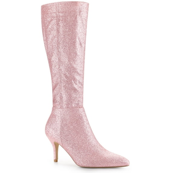BLISSFUL STEP Valentine's Women's Sparkle Glitter Stiletto Heel Knee High Boots Pink 7