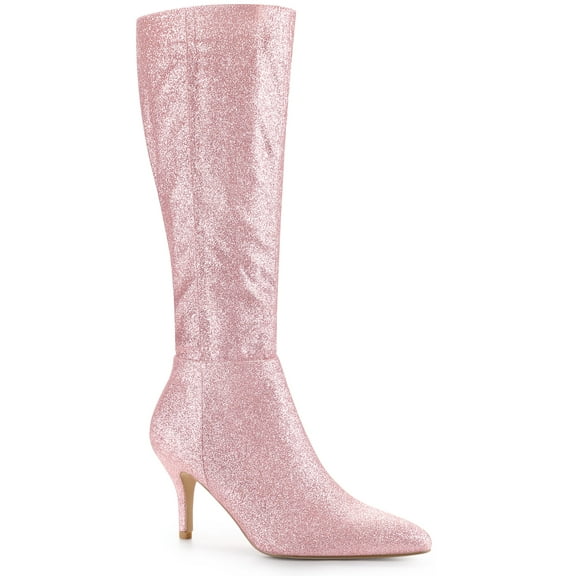 BLISSFUL STEP Valentine's Women's Sparkle Glitter Stiletto Heel Knee High Boots Pink 8