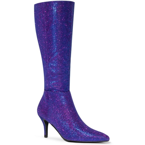 BLISSFUL STEP Valentine's Women's Sparkle Glitter Stiletto Heel Knee High Boots Purple 9