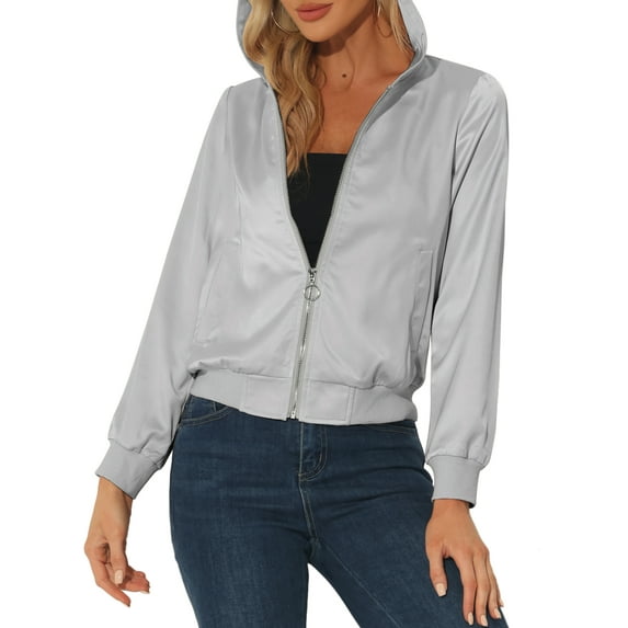 INSPIRE CHIC Women's Sparkle Holographic Shimmering Metallic Zipper Hood Shiny Bomber Jacket XL Grey