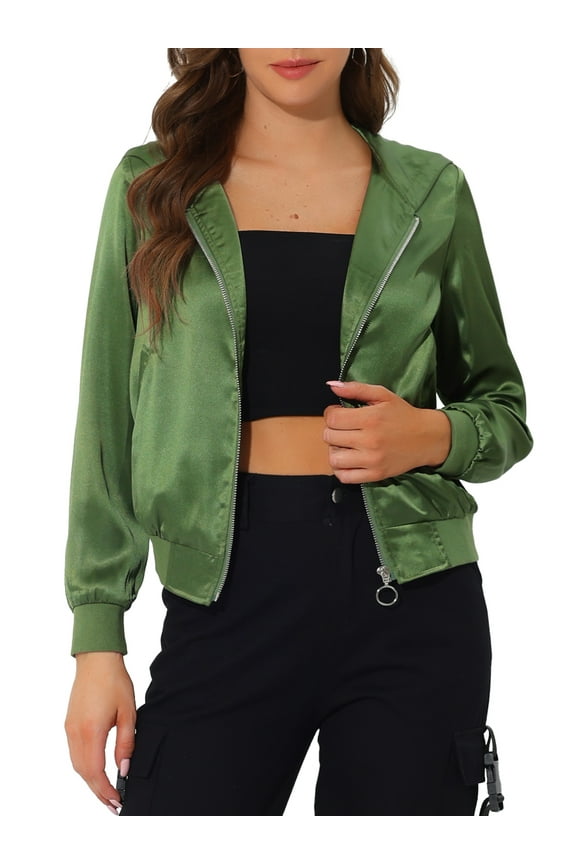 Women's Sparkle Holographic Shimmering Metallic Zipper Hood Shiny Bomber Jacket XS Green
