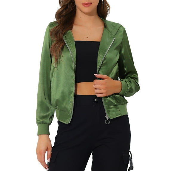 INSPIRE CHIC Women's Sparkle Holographic Shimmering Metallic Zipper Hood Shiny Bomber Jacket XS Green
